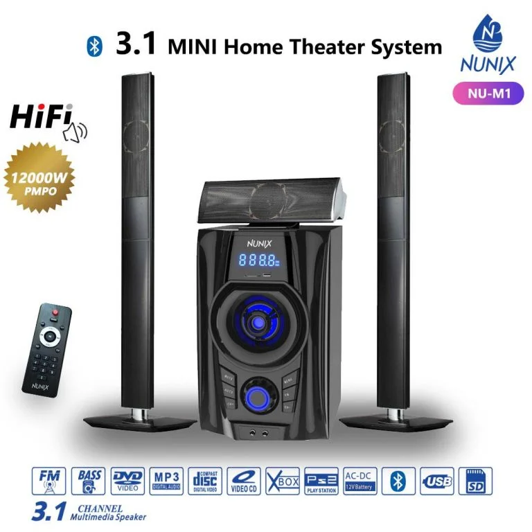 Nunix 3.1 Channel Home Theatre Speaker System – 12,000W PMPO Bluetooth Subwoofer | USB, FM, AUX