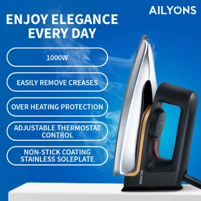 Ailyons HD199A 1000W Dry Iron Box – Non-Stick Stainless Steel Soleplate