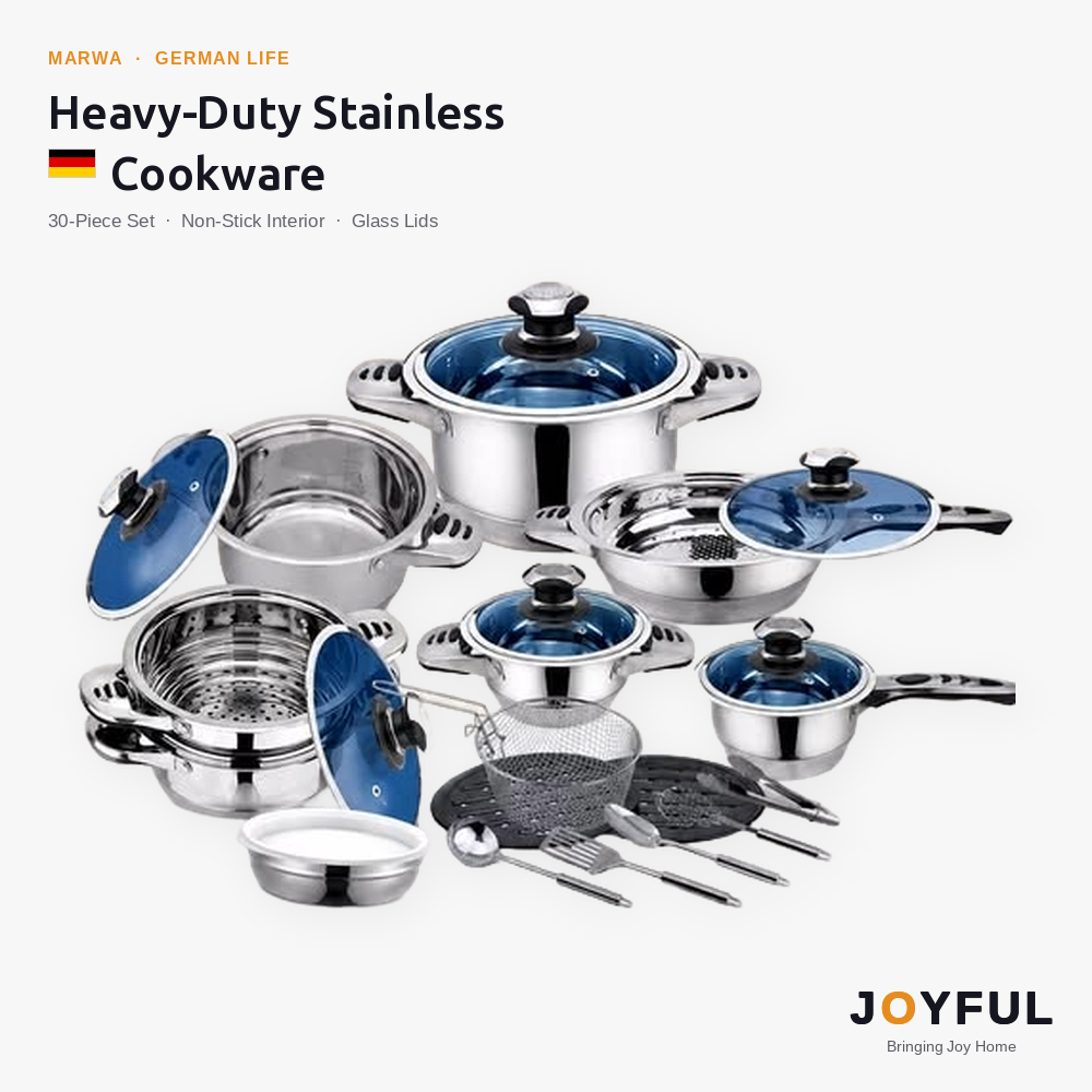 Marwa 30-Piece Stainless Steel Non-Stick Cookware Set – German Life Kitchen Pots Kenya