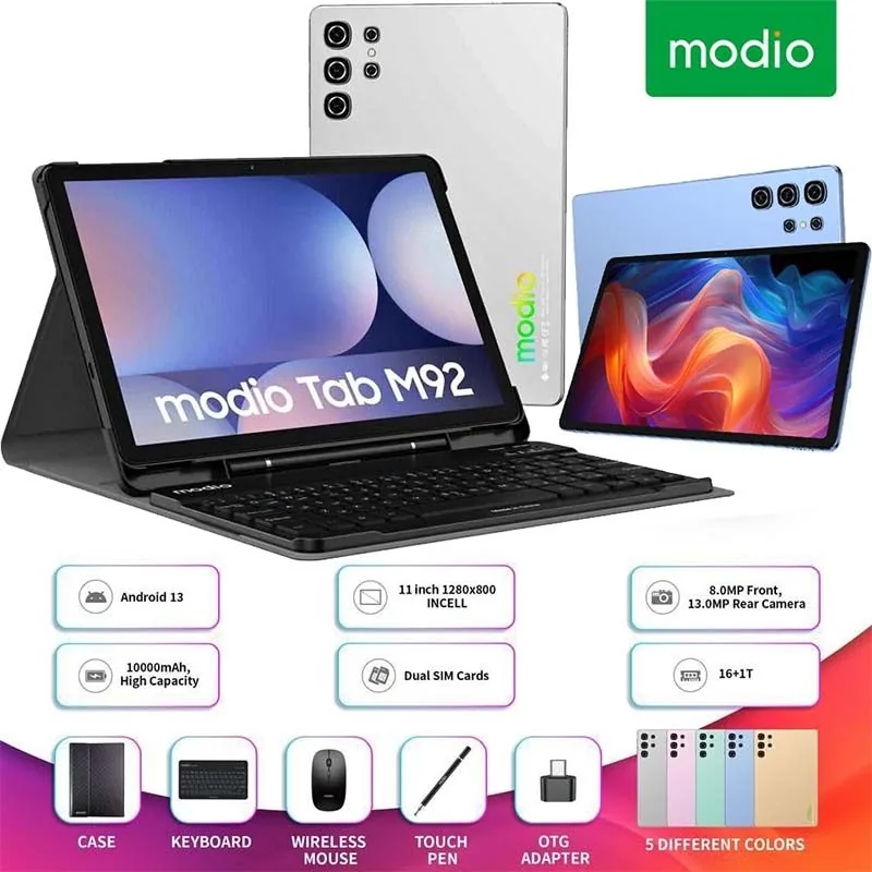 Modio M92 Tablet – 11-Inch Android 13, 16GB RAM, Dual SIM, with Keyboard & Case